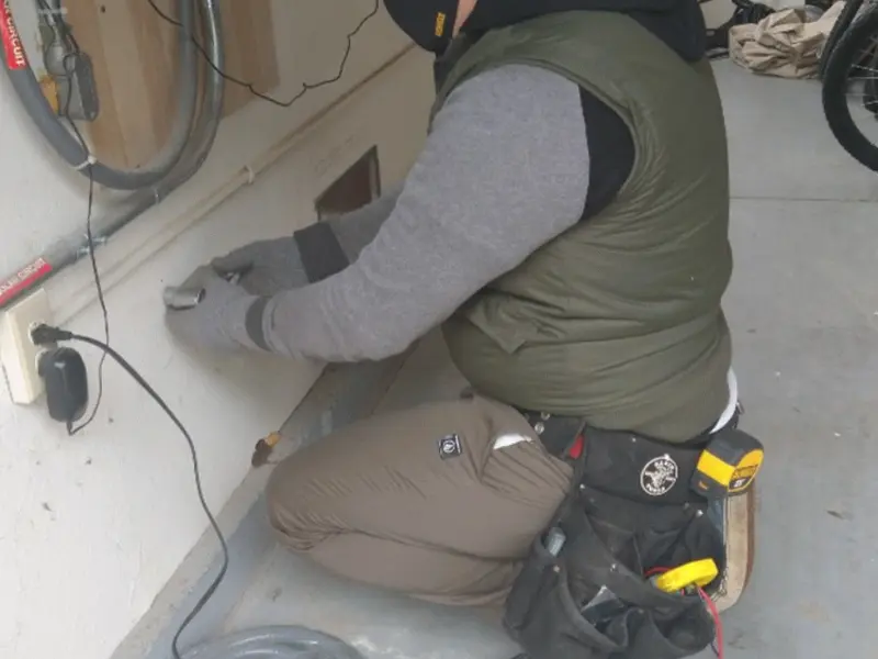 Electrician performing outlet wiring in a Palm Springs North garage